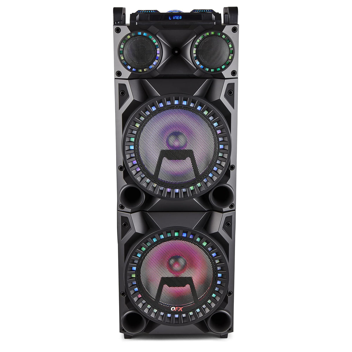 QFX PBX-1212 Bluetooth Rechargeable Dual 12” Woofer with 1” Tweeter Speaker System with Microphone Input Guitar Input Aux Input USB Port SD Card Port TWS Recording FM Radio LED Party Lights