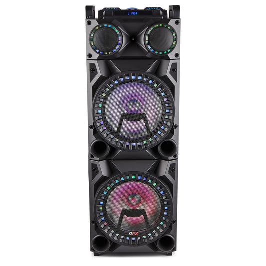 QFX PBX-1212 Bluetooth Rechargeable Dual 12” Woofer with 1” Tweeter Speaker System with Microphone Input Guitar Input Aux Input USB Port SD Card Port TWS Recording FM Radio LED Party Lights
